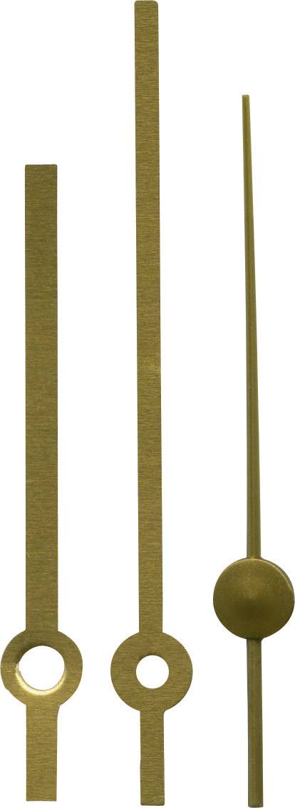 Three golden clock hands of varying lengths on a white background.