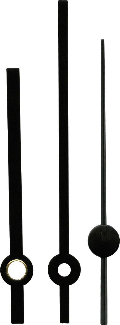 'Three black watch hands: a long one for seconds, a medium one for minutes, and a short one for hours.'