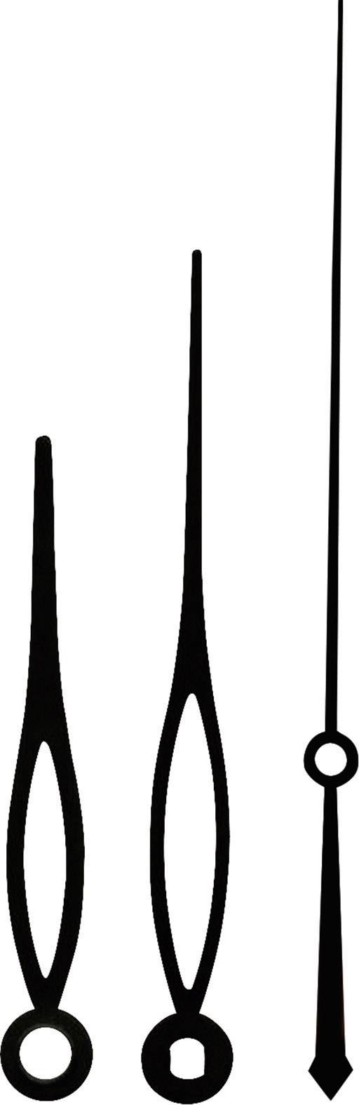 Three different clock hands: an hour hand, a minute hand, and a second hand, all made of black metal, arranged side by side.