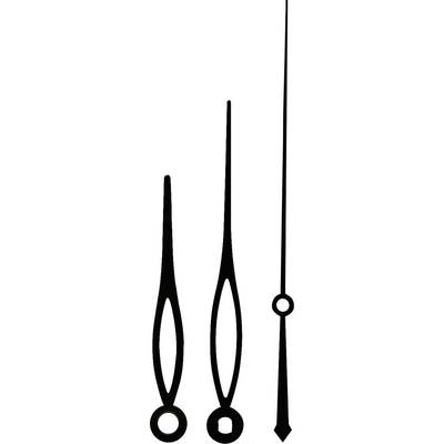 Three different clock hands: an hour hand, a minute hand, and a second hand, all made of black metal, arranged side by side.