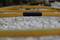 A yellow garden hose lies on white pebbles. The hose has a black section. Background slightly blurred.