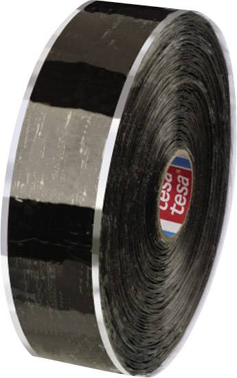 Black Tesa sealing tape roll, lying sideways, with a glossy surface, suitable for sealing and insulating.