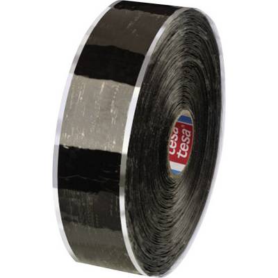 Black Tesa sealing tape roll, lying sideways, with a glossy surface, suitable for sealing and insulating.