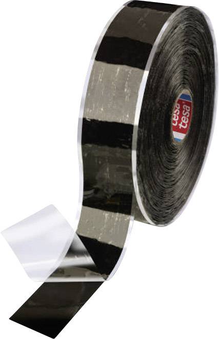 Roll of shiny, black adhesive tape with a transparent edge, partially unrolled.