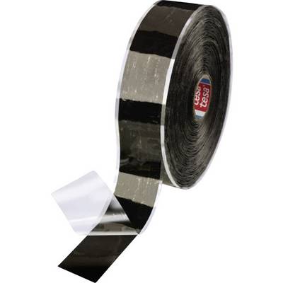 Roll of shiny, black adhesive tape with a transparent edge, partially unrolled.