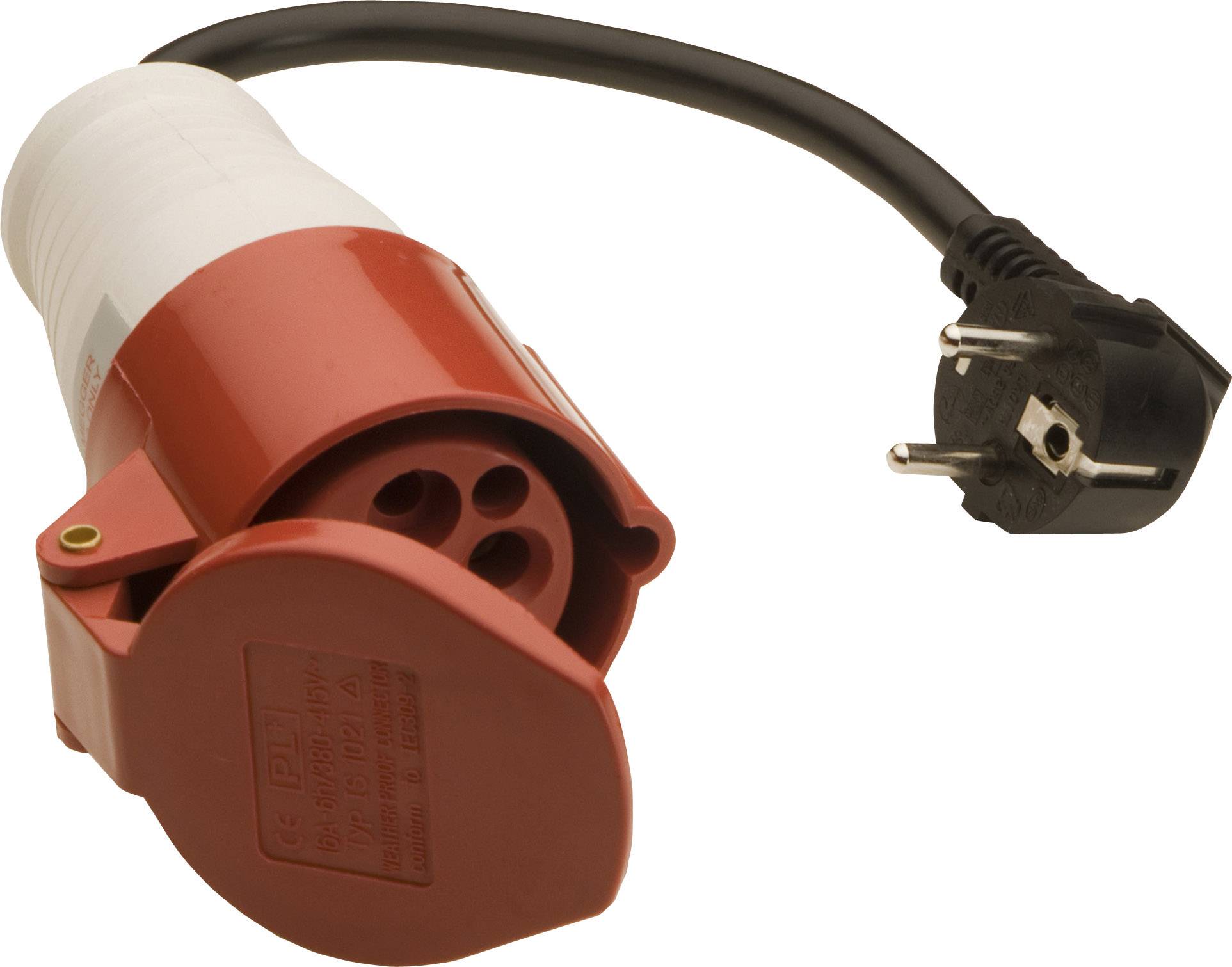 Red and white CEE industrial plug with black cable and Schuko plug, suitable for high current ratings in industrial applications.