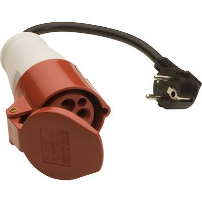 Red and white CEE industrial plug with black cable and Schuko plug, suitable for high current ratings in industrial applications.