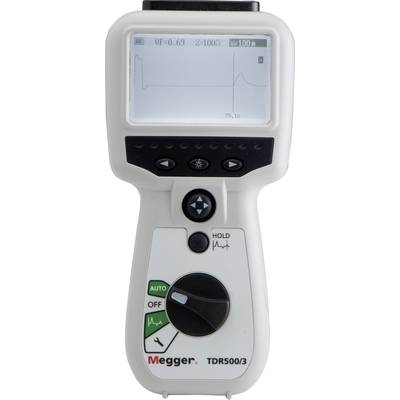A portable cable testing device with a screen displaying a waveform. Controls and a rotary dial for adjustment.