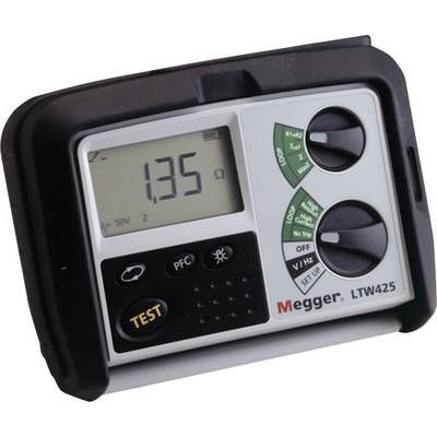 Multifunction Tester Megger LTW425 with digital display shows resistance of 1.35 ohms. Various adjustment dials and buttons are present.