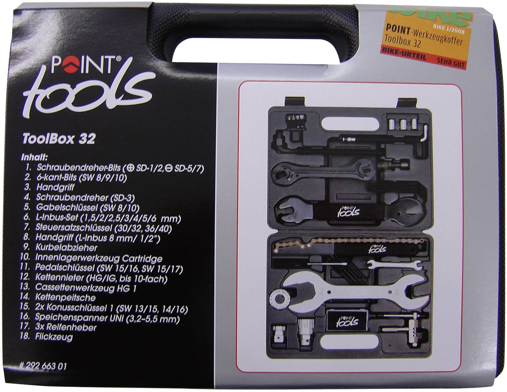 'Tool Case Point Box 32' with various tools such as screwdrivers, spanners, and pliers in a plastic case.