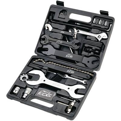 An open toolbox with various hand tools, including spanners, pliers, and bits, neatly arranged.