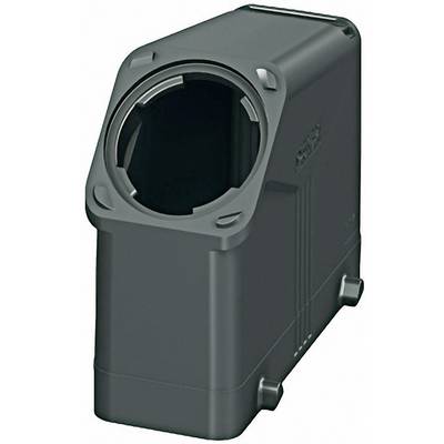 A black, rectangular plastic cover with a large round opening at the front, possibly a technical enclosure.