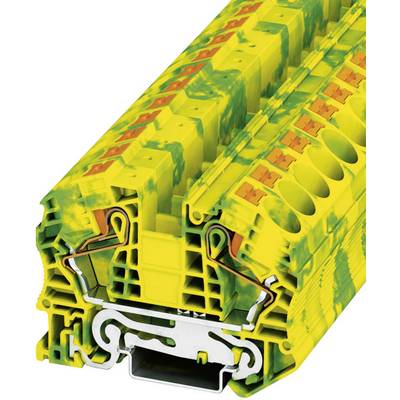 View of a modular plug connector with yellow and green housing and multiple cable connections, for use in electrical installations.