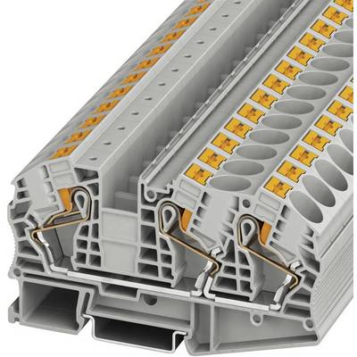 A grey, rectangular component with multiple rows of orange terminals used for connecting electrical wires.