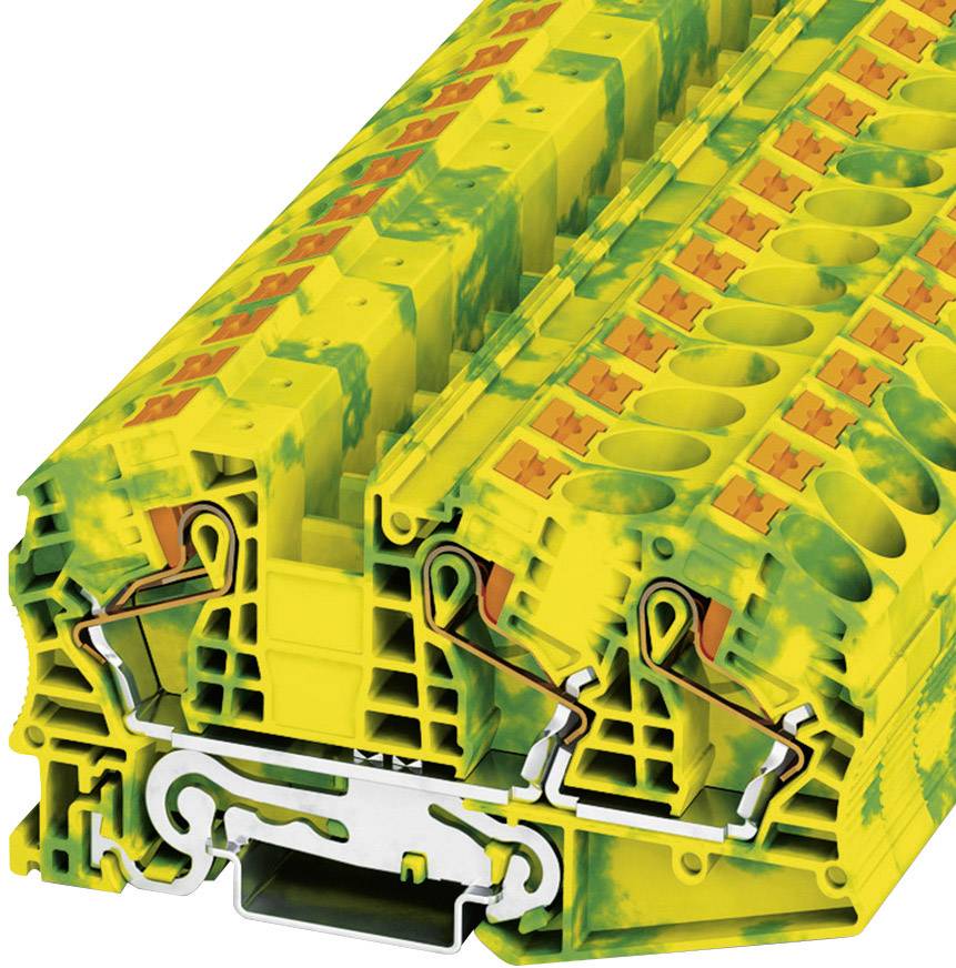 Mounting profile made of yellow and green plastic with integrated clamps and rails, used for electrical engineering applications.