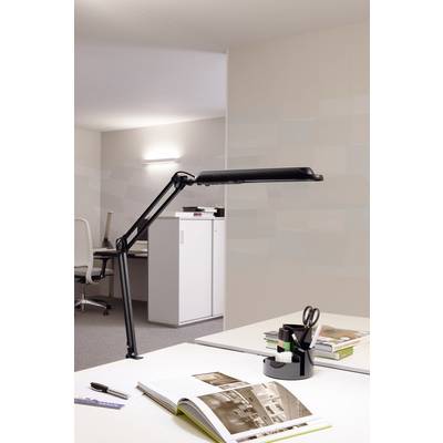 A modern office with minimalist furnishings: desk lamp, office chair, and shelving. An open book lies on the desk.