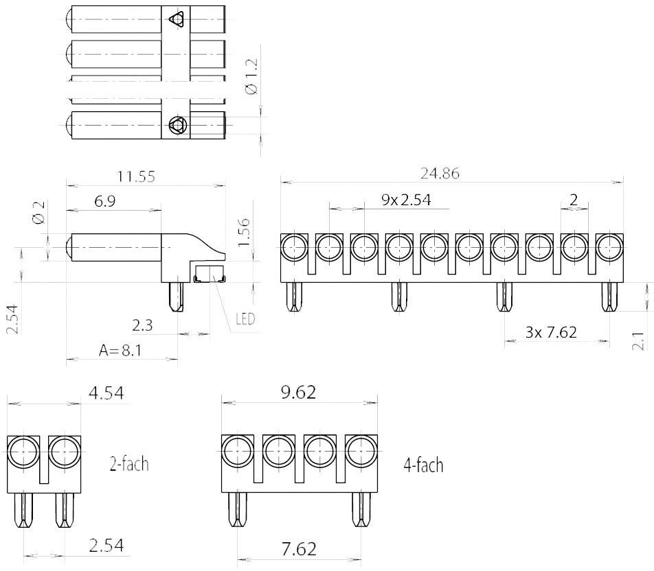 Technical drawing of an electrical connector with precise dimensioning in millimetres. Shows side view and top view.