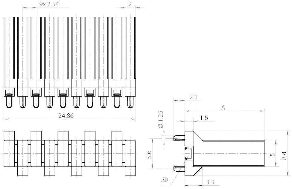 Technical drawing of a connector with dimensions: 24.86 mm width, 9 pins at 2.54 mm pitch, side and top views.