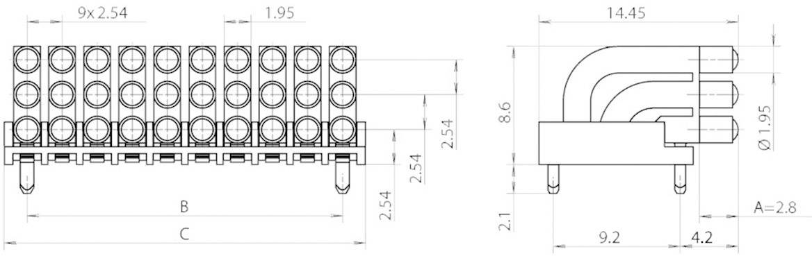 Technical drawing of a connector with dimensions. Front view shows a row of 20 pins; side view shows connected wires.