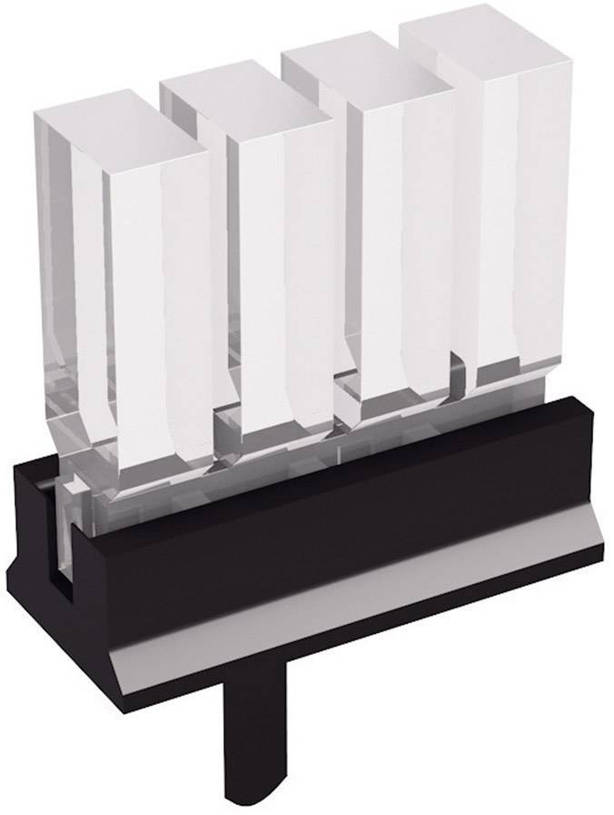 A black plastic plug with four vertical, transparent plastic pins arranged in rows.