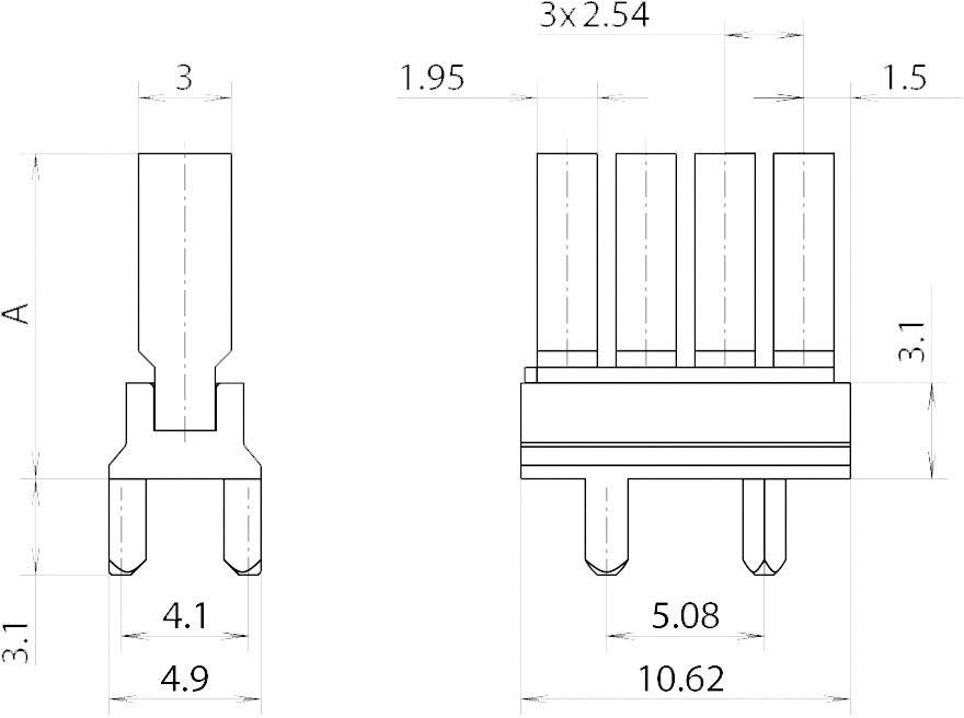 Technical drawing of a three-pole connector with dimensions in millimetres; shows front and side views.