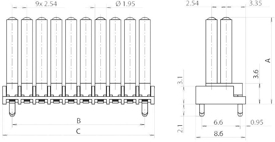 Technical drawing of a connector with dimensions: Width 9x2.54, Diameter 1.95, Height 2.54–3.6, Length 8.6. Side and front view.