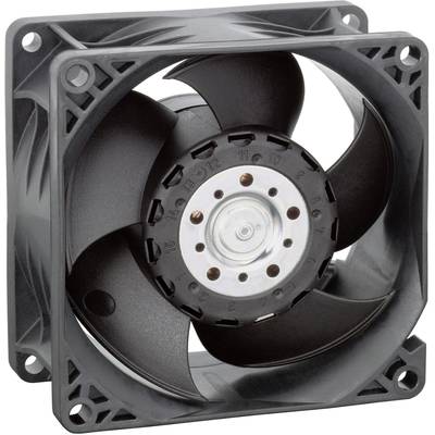 A black computer fan with five propeller blades and a rectangular frame. It is used for cooling electronic devices.
