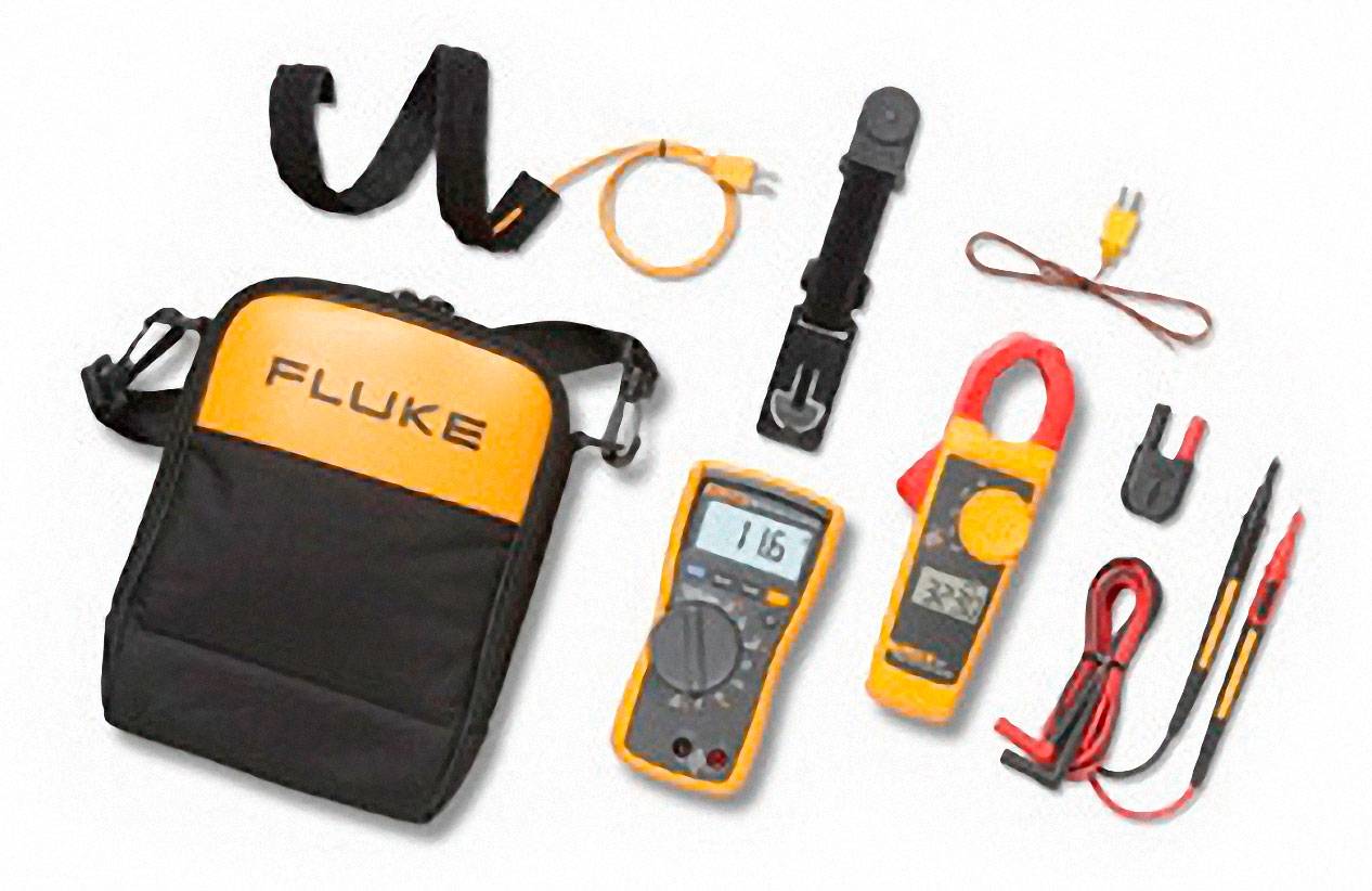 Electrician's measuring equipment, including a bag, multimeter, pliers, cables and adapters.