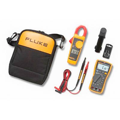Multimeter set comprising a carry case, current clamp, test leads, and digital multimeter, all designed in black and yellow.