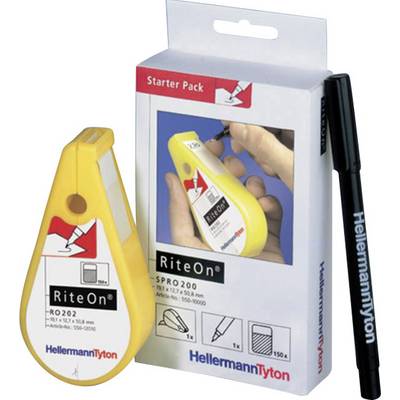 Starter Pack 'RiteOn' by HellermannTyton: Yellow labelling device with pen for cable marking. Packaging shows product application.