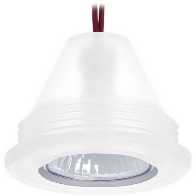 A white pendant light with a clear diffuser containing a GU10 bulb. Red cables are visible at the top.