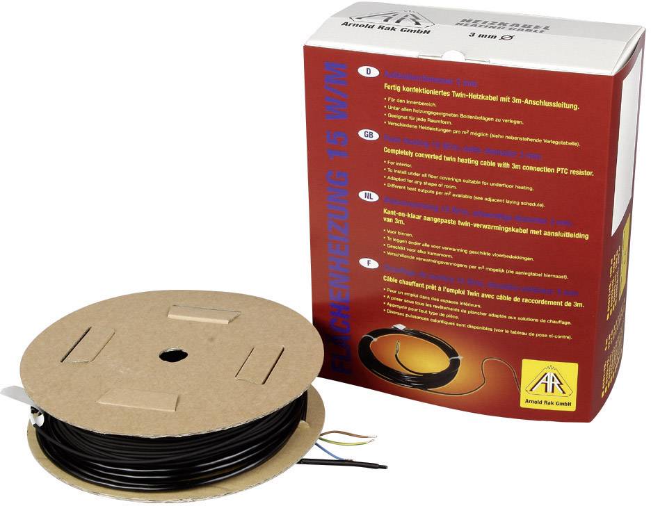 A roll of electrical cable next to a package from the brand 'Arnold Rak GmbH', labelled with 'Underfloor Heating 15 W/m'.
