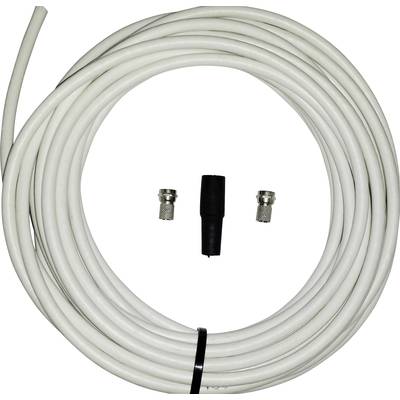 A white coaxial cable with two plugs and a black connector, suitable for TV or internet connections.