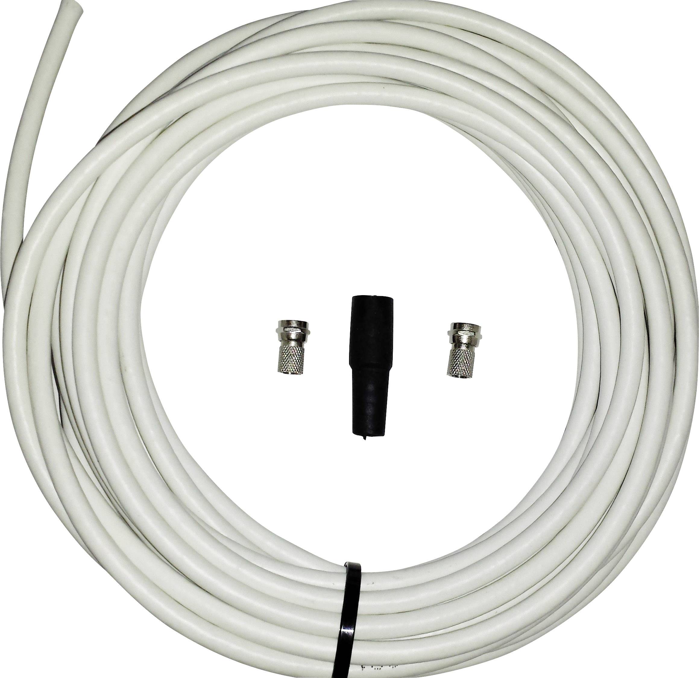 White coaxial cable coiled with two connection plugs and an adapter, commonly used for antenna or satellite connections.