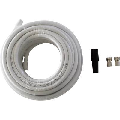 'Coaxial cable' with white, spirally wound cable and two metal connectors, along with a black adapter.