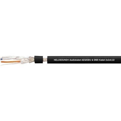 Audio cables with black insulation, exposed conductors visible on the left. Inscription: 'HELUSOUND Audio Cable AES/EBU & DMX Cable 2x2x0.22'.