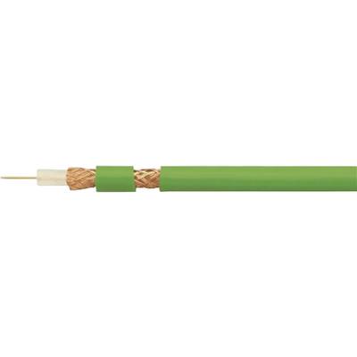 Close-up of a coaxial cable with a green outer jacket, copper shielding, and visible inner conductor wire.