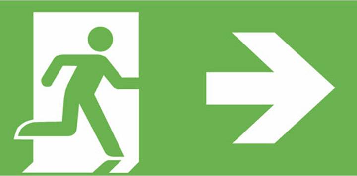 Emergency exit sign: Pictogram of a person running through a door, with an arrow pointing to the right.