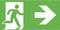 'Evacuation sign showing a figure running through a door with an arrow pointing to the right.'