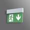 Green emergency exit sign with a pictogram of a running person and an arrow pointing downwards, mounted on a grey wall.
