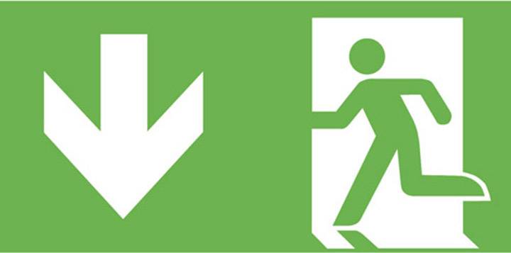 Emergency exit sign with a figure walking to the right and an arrow pointing downwards, on a green background.