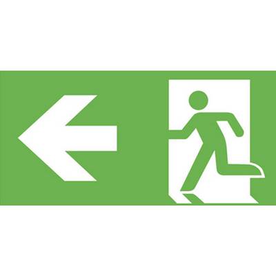 Emergency exit sign with an arrow pointing left and a stylised figure hurrying through a door.
