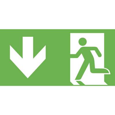 Emergency exit sign with a stylised figure running through a door and an arrow pointing downwards.