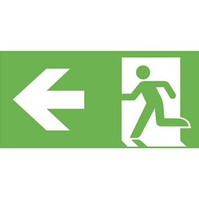 Emergency exit sign: Green background with white symbol. A figure running left towards an arrow.