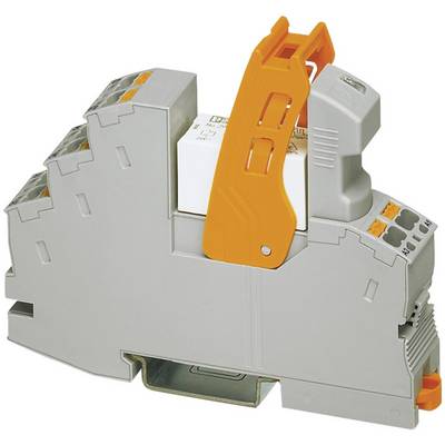 Electrical relay module with an orange lever, suitable for mounting on DIN rails. Used for controlling electrical circuits.
