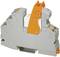 Grey electrical relay with orange lever, mounted on DIN rail, suitable for installation in control cabinets for control systems.