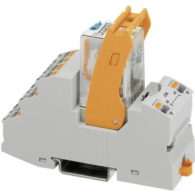 Relay module with a transparent housing and orange lever mounted on a grey DIN rail bracket.