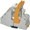 'A grey relay with an orange lever and clear cover, mounted on a DIN rail; Phoenix Contact logo visible.'