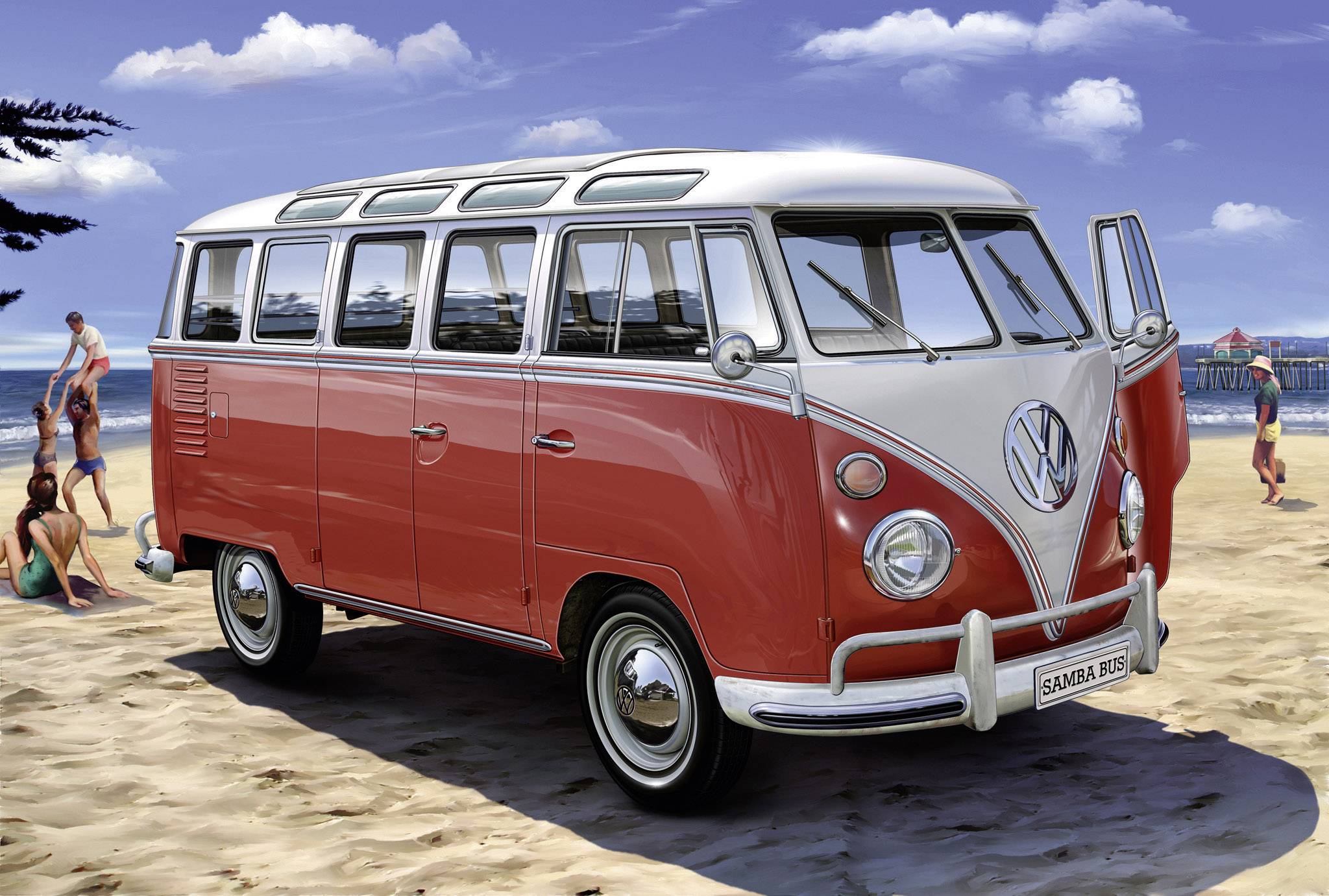 A red VW camper van is parked on the beach. In the background, people and the sea can be seen. The sky is blue with a few clouds.