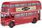 A red double-decker bus with 'London Transport' written on it. On the side, there is an advertisement for 'Cream Crackers'. Bus route 38 to Victoria.